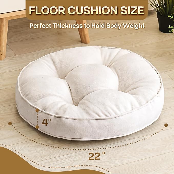 1 MIDDLE ONE Floor Pillow Set of 2, Memory Foam Floor Cushions for Adults, Large Meditation Pillow for Sitting, 22 x 22 Inches (Round | Beige)