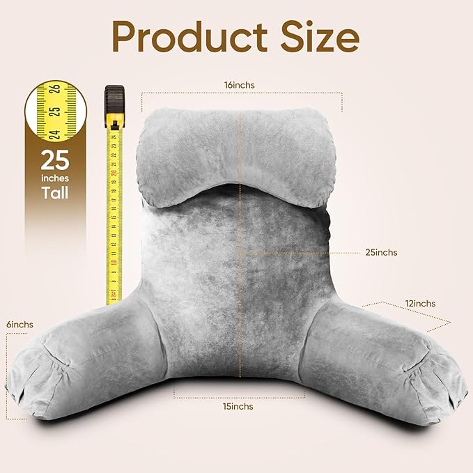 OAISZ Reading Pillow for Sitting in Bed Adult, Reading Pillow with Shredded Memory Foam (LightGery, Extra Large 25" H)