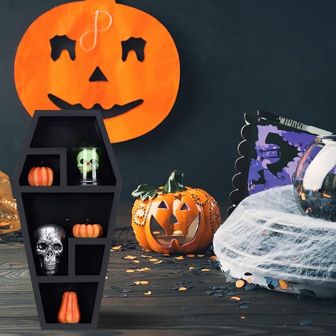 Creative Gothic Coffin Shelf Organizer for Halloween Decor Lightweight Compartment Storage Rack for Knick-knacks Wall-Mounted Desktop Use Eerie Decoration for Spooky Theme Rooms