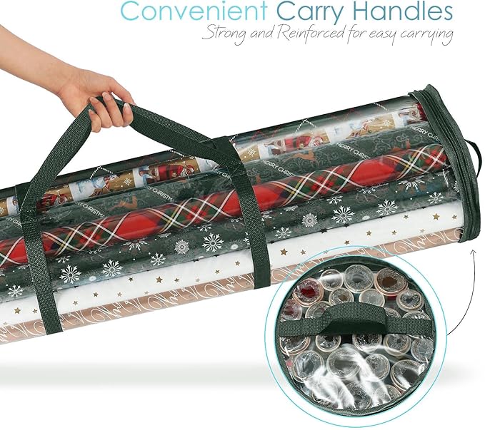 Hearth & Harbor Wrapping Paper Storage Container - Clear Wrapping Paper Holder Fits Up To 14 Rolls of 40" - Tear Proof Gift Wrapping Organizer Storage - Premium Christmas Storage Bag For Easy Carrying