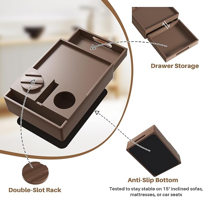 Couch Cup Holder Tray, 7-in-1 Couch Caddy Tray, Sofa Side Table with Push-Pull Drawer to Organize and Store Small Objects, 360°Swivel Phone Holder, for Drinks, Cups, Snacks, Remote（Chestnut）