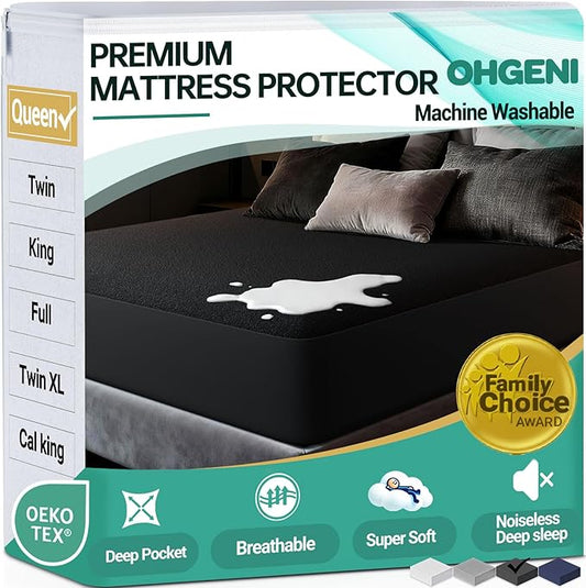 OhGeni 100% Waterproof Mattress Protector, Queen Black Size, Fitted Sheet with Deep Pockets, 6''-18'', Premium Noiseless Breathable Soft Material, Mattresses Cover for Bed