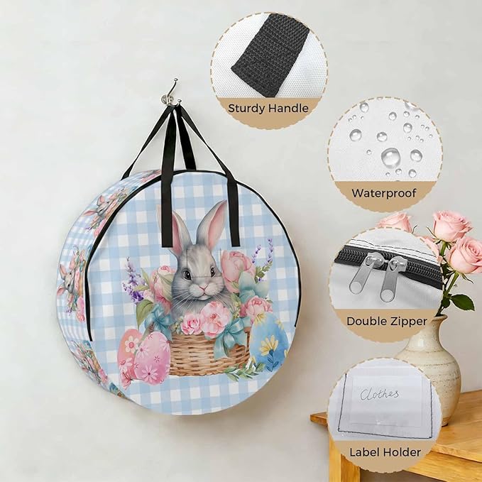 30 Inch Round Storage Bag 2 Pack,Easter Day Natural Floral Rabbit Eggs Waterproof Wreath Storage Container with Handles&Zipper Blue Colorful Check Closet Organizer Bags Garland Box