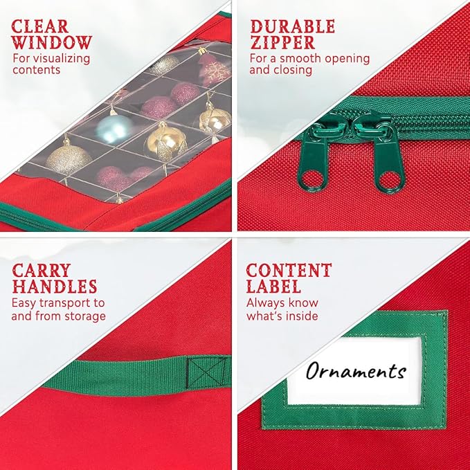 HOLDN’ STORAGE Christmas Ornament Storage Box with Dividers - Fits 96-3” Ornaments, 4 Removable Trays, Durable & Space-Saving, Clear Top Lid, Convenient Storage Designed, Red