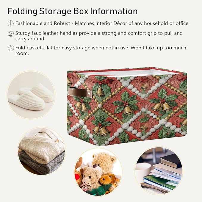 Christmas Storage Basket, Collapsible Canvas Box with Leather Handles, 14.2x10.2x8.3 Inches, Festive Holiday Pattern, Water Resistant, Rectangular Organizer for Bedroom Storage