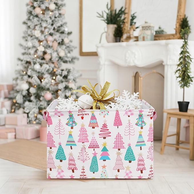 FYSUIMU 2 Pcs Christmas Storage Basket Pink Green Xmas Tree Storage Bins with Handles Rectangle Foldable Container Box for Home Office Nursery Laundry Shelf Closet Toy