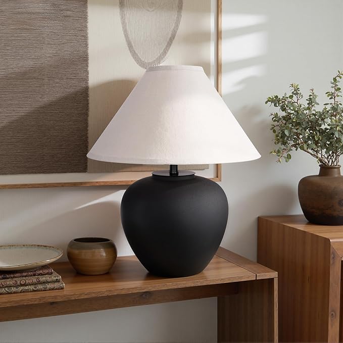 YEPDIN Ceramic Pot Table Lamp 18.5 inch Circular Frosted Nightstand Lamp, Tapered Fabric Shade Bedside, Ceramic Decorative for Living Room Bedroom House Office Entryway, TL1