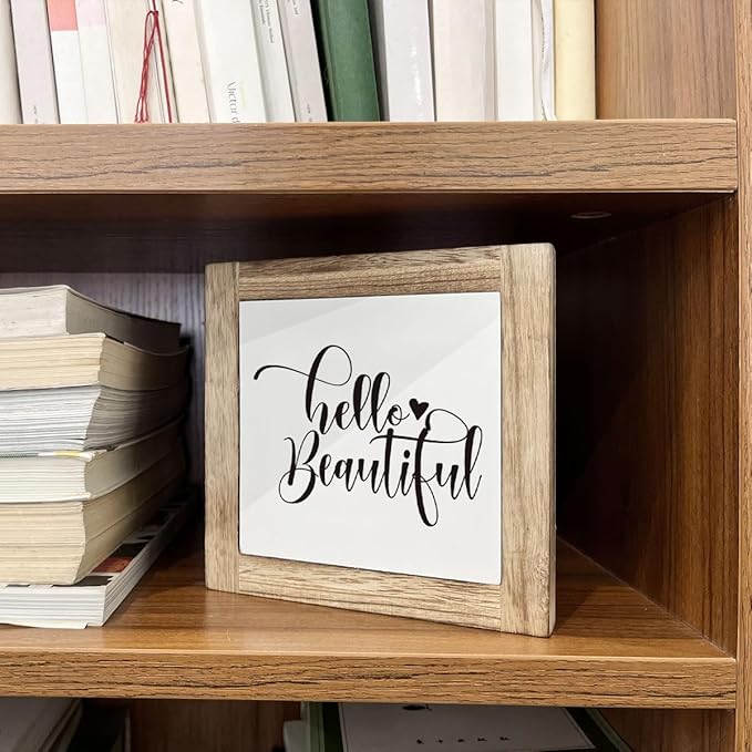 Hello Beautiful Sign, Rustic Wood Sign, Bathroom Decor Set, Wooden Box Signs for Home Decors, Modern Farmhouse Decor for Shelf Tabletop Desk, Housewarming Decors, Bathroom Box Signs B6-122