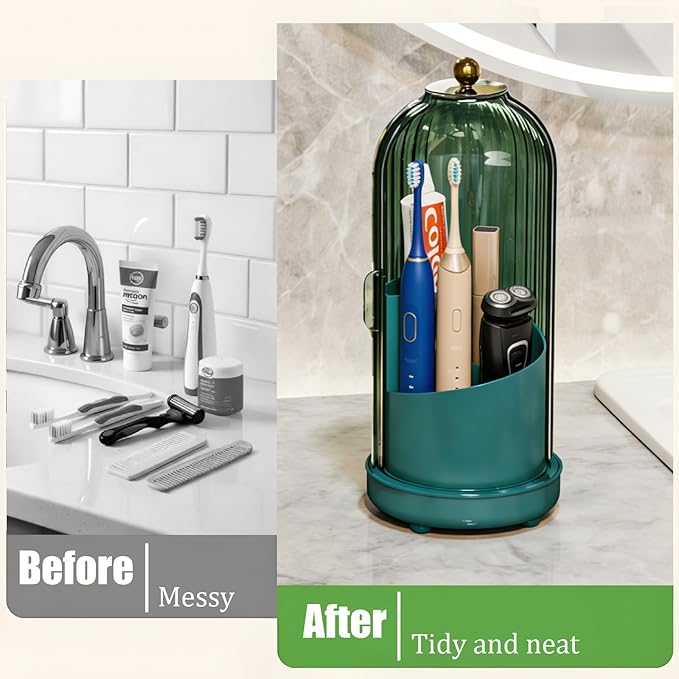 JEESA Toothbrush Holder Organizer, with Drainage Holes, with Dustproof Cover, 360 Rotating, 3 Slots, for Bathroom Countertop, Green