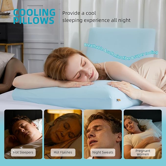 SAPHREAS Cooling Gel Memory Foam Pillow for Sleeping, Standard Size 4In Cool Bed Pillow for Side, Back and Stomach Sleepers, Removable & Machine Washable, Blue