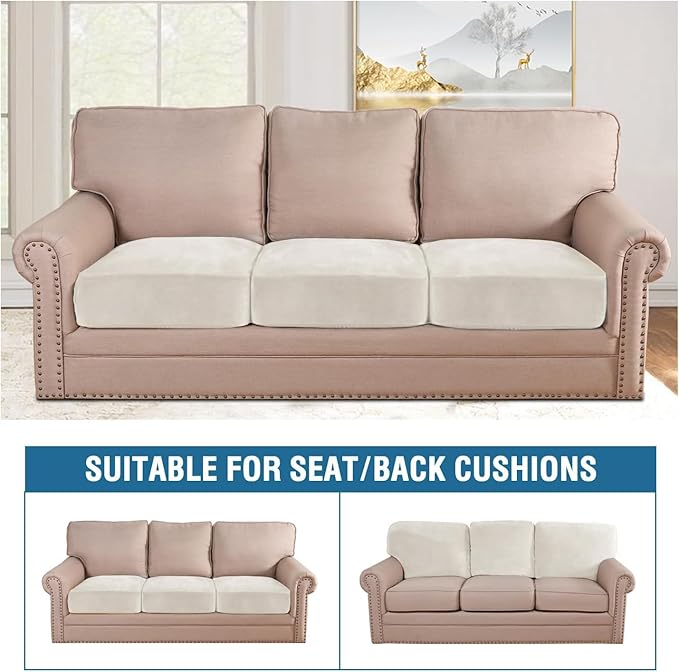 H.VERSAILTEX Velvet Stretch Couch Cushion Cover Plush Cushion Slipcover for Chair Loveseat Sofa Cushion Furniture Protector Seat Cushion Sofa Cover (3 Piece Sofa Cushion Covers, Porcelain White)