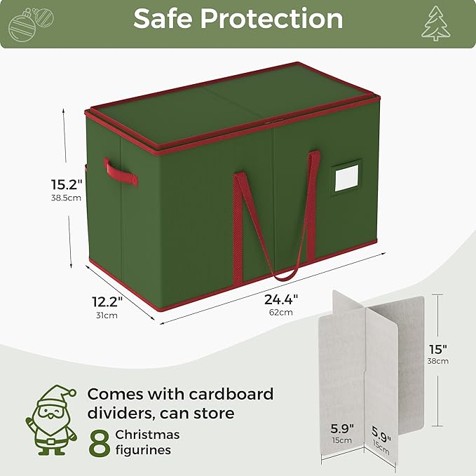 Christmas Figurine Storage Box for 15-Inch Figurines and Nutcrackers, Holiday Decor Organizer with Adjustable Dividers, 8 Slots and 2 Pockets, Dual Zippers, 600D Oxford, 24.8"x12.2"x15.2" ,Green