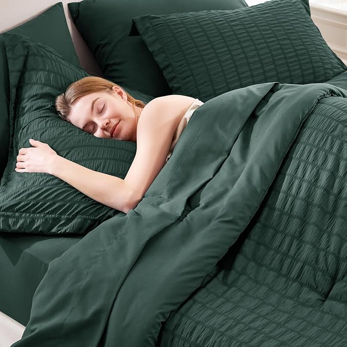 CozyLux Oversized King Comforter Set Forest Green Seersucker 7 Pieces 120x98 Bed in a Bag Comforter Set with Sheets, Luxury Bedding Sets with Down Alternative Comforter, Sheets, Pillowcases & Shams