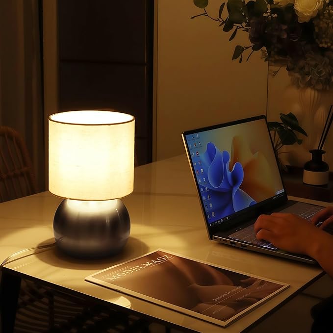 Modern Silvery Small Table Lamp with Cotton Linen Shade, 10.4-inch LED Desk Light, One-Button Switch for Bedroom, Living Room, Nightstand, Includes Warm Light Bulb