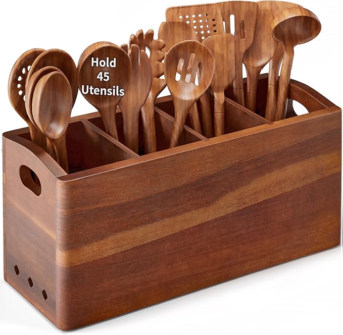 Natural Acacia Wood Utensil Holder for Kitchen Counter (X-Large), 4 Compartment with Removable Dividers 15.7"x7.2"x5.04", Extra Large Cooking Utensil Organizer - Anti-Scratch Bottom