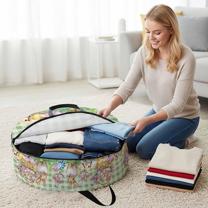 36 Inch Round Storage Bag 1 Pack,Easter Spring Flowers Rabbit and Eggs Waterproof Wreath Storage Container with Handles&Zipper Green and White Buffalo Checker Closet Organizer Bags Garland Box