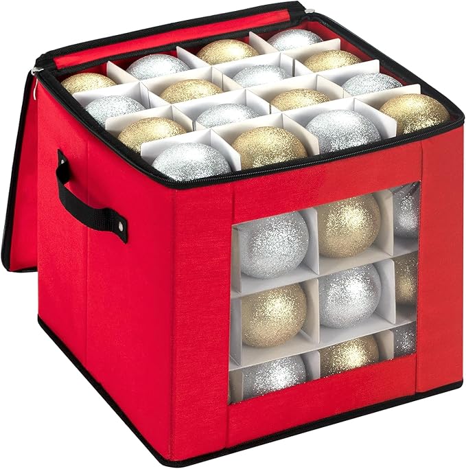 DIMESHY Christmas Ornament Storage Box With Adjustable Dividers,Ornament Storage Container with Two Handles for 64Holiday Decorations,Red
