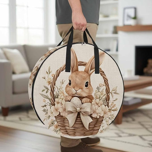 24 Inch Round Storage Bag 1 Pack,Easter Rabbit Basket on Vintage Linen Waterproof Wreath Storage Container with Handles&Zipper Spring Flower Bow Closet Organizer Bags Garland Box