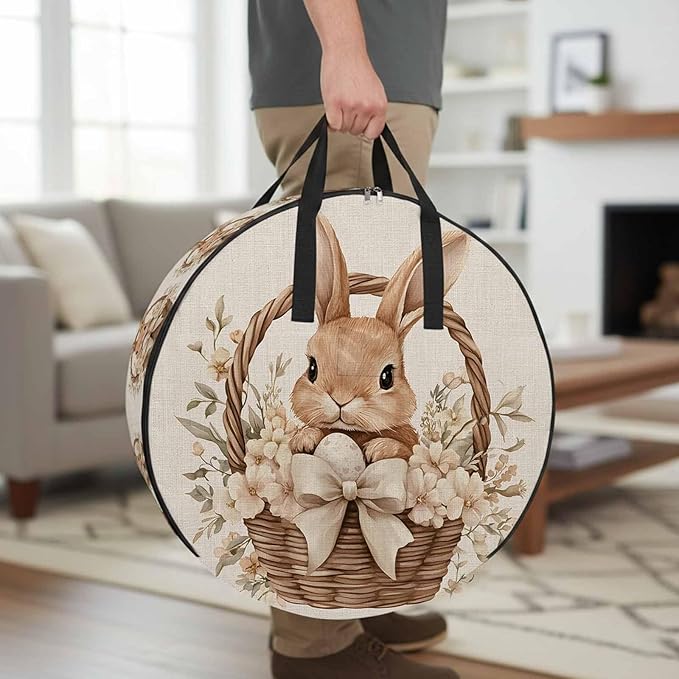 36 Inch Round Storage Bag 2 Pack,Easter Rabbit Basket on Vintage Linen Waterproof Wreath Storage Container with Handles&Zipper Spring Flower Bow Closet Organizer Bags Garland Box