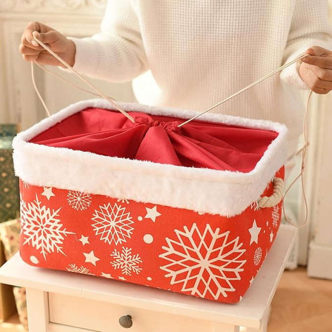 INough Christmas Ornament Storage Box Holiday Decoration Organizer, Christmas Basket for Kids Large Gifts Baskets Empty with Handles Christmas Santa Sack with Drawstring (Large, Snowflake)