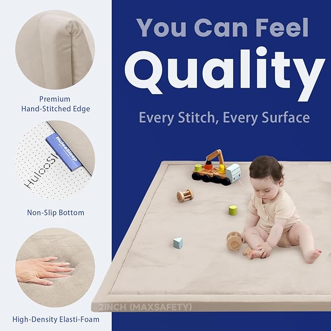 Huloo Sleep Ultra Soft Baby Play Mat for Floor, 1.3" Thick Elasti-Foam 65x50 Play Mat for Playpen,Water-Repellent Coral Velvet for Tummy Time, Non-Slip Backing,Safe for Toddlers & Infants（Beige）
