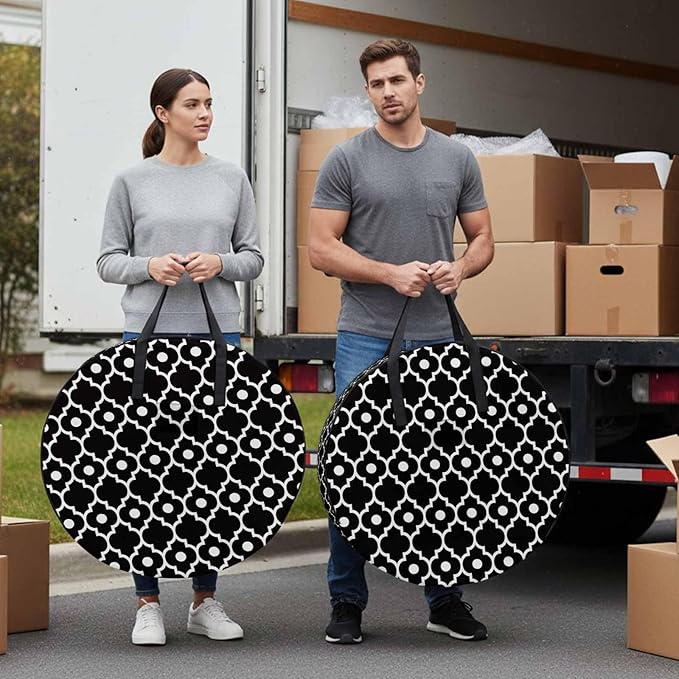 Storage Bag Retro Moroccan Design Round Storage Totes Bins Closet Organizers with Zippers & Handle Black Geometric Pattern Clothes Storage Container for Bedroom Dorm Space Saving Packing Supplies Bags
