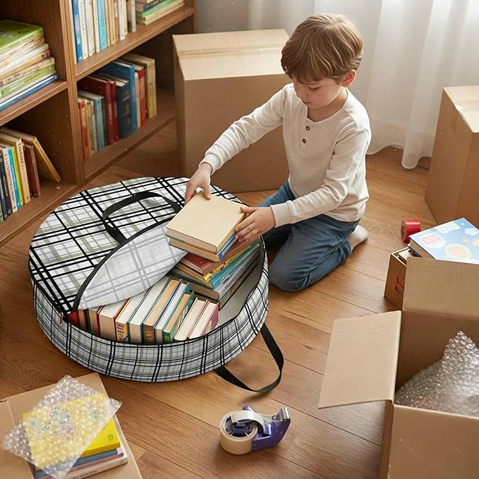 Storage Bag Sage Green Buffalo Plaid Round Storage Totes Bins Closet Organizers with Zippers & Handle Black Check Stripe Clothes Storage Container for Bedroom Dorm Space Saving Packing Supplies Bags