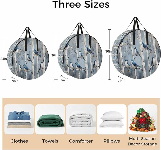 36 Inch Round Storage Bag 2 Pack,Spring Tree Trunk Branch Bird Waterproof Wreath Storage Container with Handles&Zipper Animal Leaves Oil Painting Closet Organizer Bags Garland Box