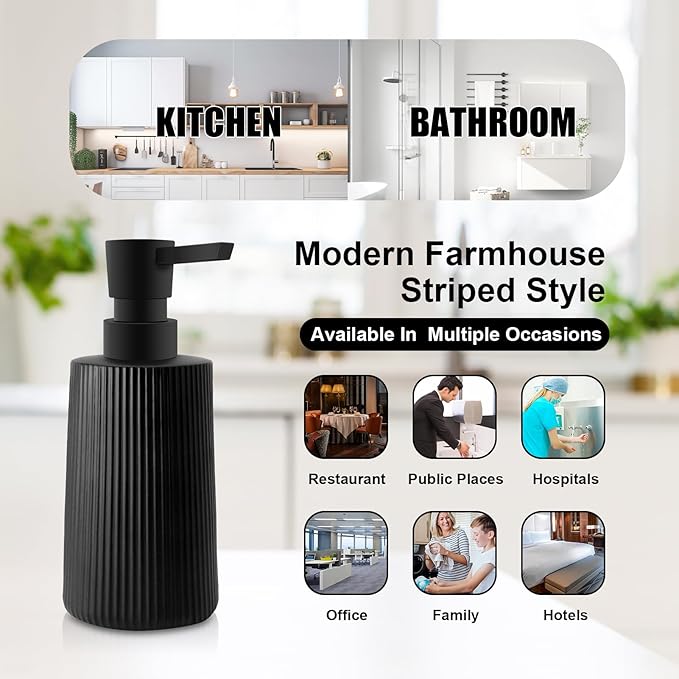 Glass Soap Dispenser for Bathroom, 250ml/8.5oz Dish Soap Dispenser with Pump for Kitchen, Modern Minimalist Stripe Style Hand Soap Dispenser, Small Refillable Soap Dispenser (Black 2pcs)