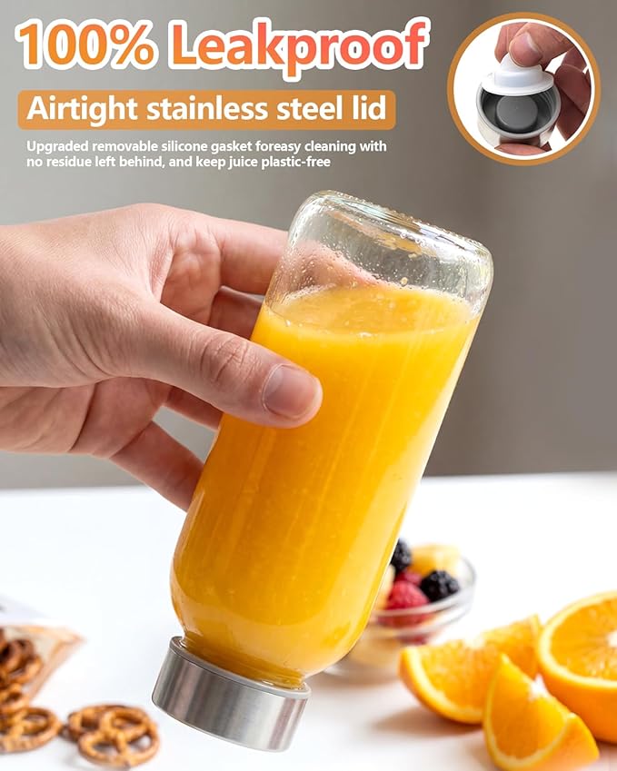 Zukro Glass Water Bottles with Lids 12 oz, Reusable Clear Juice Bottles With Stainless Steel Airtight Cap for Juicing, 100% Leak Proof Juice Drinking Jar for Smoothie, Milk, BPA Free, Set of 4