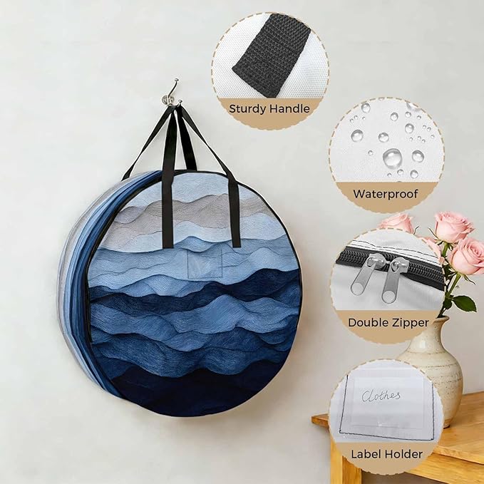 Abstract Art Ocean Round Storage Bag 24 Inch, Gradient Blue Impressionist Style Clothes Storage Container with Handles Heavy Duty Organizer for Comforter, Bedding & Holiday Wreaths