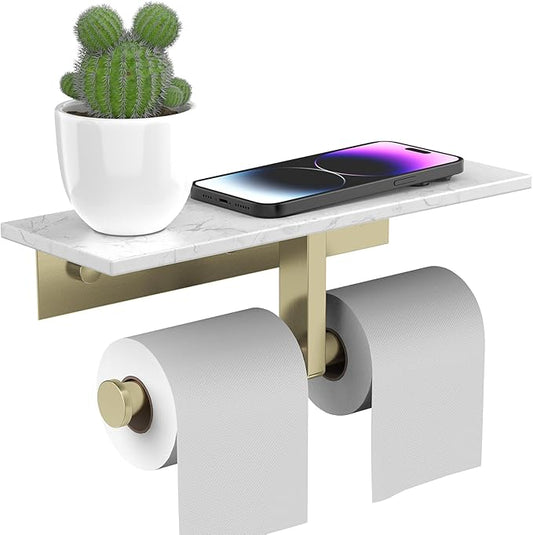 BWE Double Toilet Paper Holder with Shelf, Wall Mounted Tissue Roll Holder for Bathroom, Commercial Toilet Paper Dispenser, Marble Toilet Paper Storage Holder with Phone Shelf (Brushed Gold)