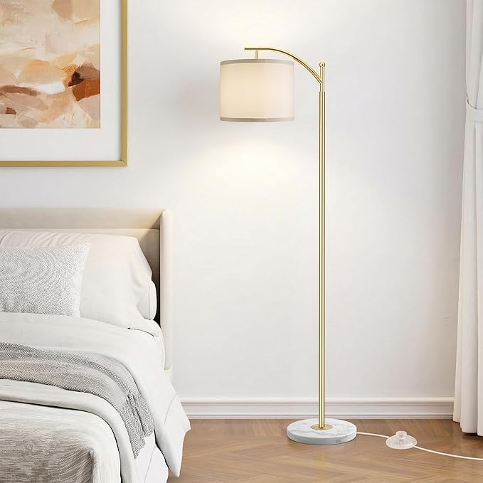 Gold Floor Lamp for Living Room with Marble Base, Modern Standing Lamp with 3 Color Temperatures Bulb & Adjustable Linen Shade, Tall Lamp for Bedroom Office Reading Nursery