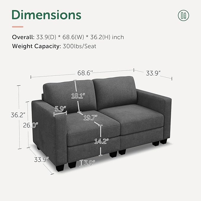 HONBAY Modular 68.6'' Loveseat Sofa Grey, Comfy Corduroy Pet Friendly Fabric for Small Space,Living Room