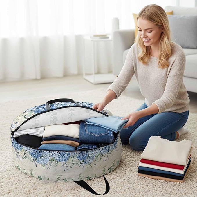 Storage Bag Blue Hydrangea Round Storage Totes Bins Closet Organizers with Zippers & Handle Green Eucalyptus Leaves Vintage Clothes Storage Container for Bedroom Dorm Space Saving Packing Supplies