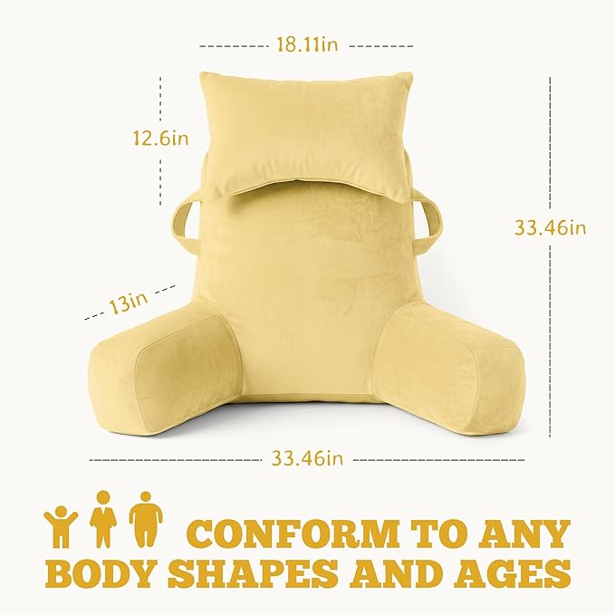 Unisakey Portable Reading Pillows with Headrest for Bed Sitting Up(Yellow Oeko-Tex), Velvet Back Pillow with Arms & Pockets for Adults, Support Memory Foam Bed Pillow for Dorm/Reading/Watching/Gaming