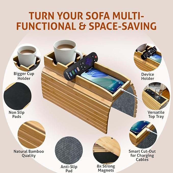 Bamboo Sofa Arm Tray Table with Detachable Couch Cup Holder - Fit for 4.5 Inches Wide Arms, Foldable Nonslip Sofa Armrest Tray for Drink, Snacks & Cell-Phone, TV-Remote – Space-Saving 17.7"x12.8"