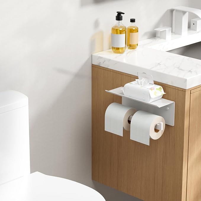 FORIOUS Toilet Paper Holder with Shelf, 304 Stainless Steel Wall Mount Commercial Toilet Paper Dispenser, Double Tissue Roll Holder for Bathroom (White)