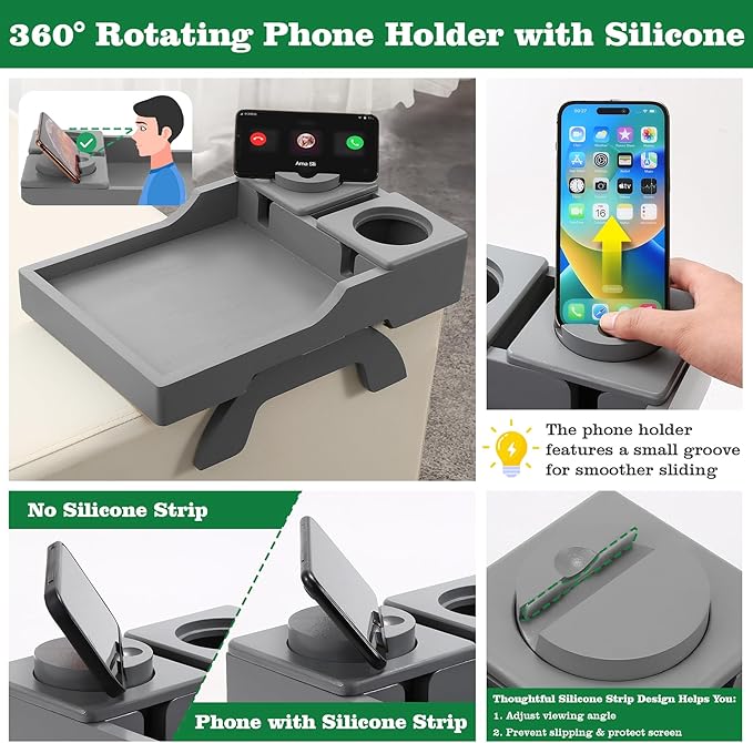 GHKINMAL Couch Cup Holder, 4-in-1 Side Couch Arm Tray with Phone Holder, Sofa Clip on Side Table for Wide Couches Arm, Suitable for Home Drinks/Remote/Snacks-Grey