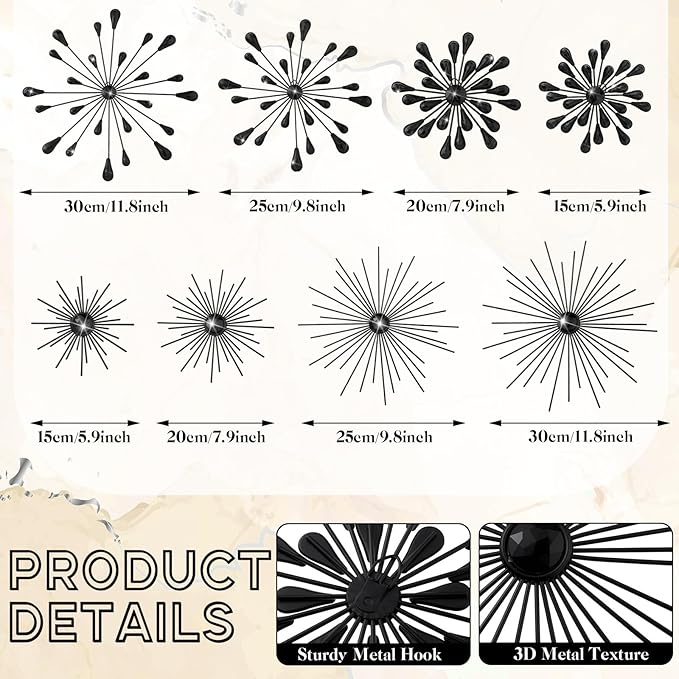 Blulu 8 Pcs Black Metal Wall Art Cast Iron Starburst Wall Decor Bling Crystal Sculptures Living Room 3D Teardrop Radial Rhinestone Hanging Diamond Accents for Home Office Bedroom Entryway