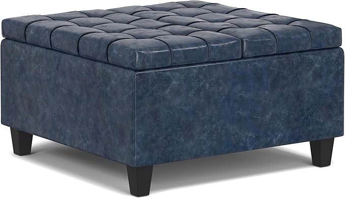 SIMPLIHOME Harrison Small Coffee Table Storage Ottoman - 30 inch Wide Upholstered Vegan Leather Square Lift-Top Ottoman in Denim Blue, Transitional Ottoman for Living Room with Hidden Storage