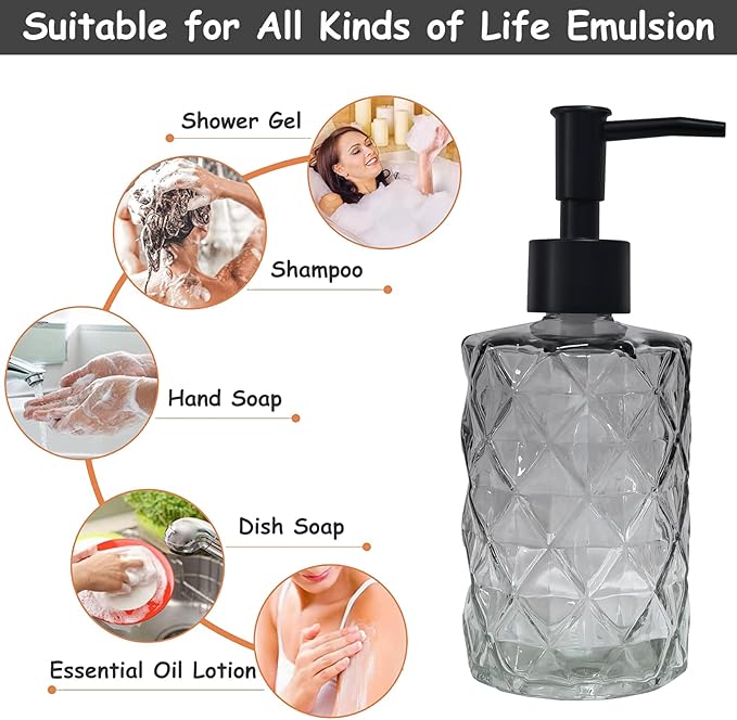 YYTSGG Crystal Glass Soap Dispenser, 12oz Gradient Grey Bathroom Hand Dispenser, Lotion Dispenser with Black Plastic Pump for Modern Home Decor, Kitchen Countertop, Hotel