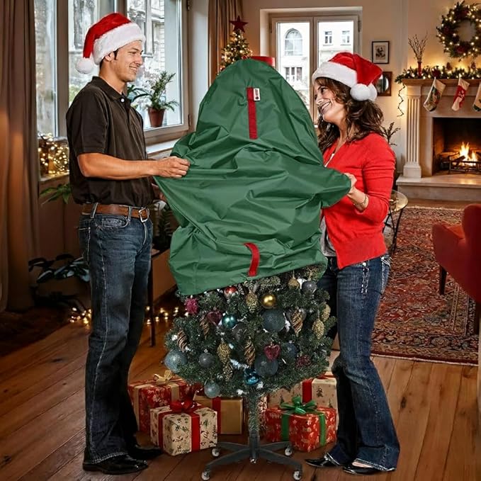 Upright Christmas Tree Storage Bag - Fits 7 Ft Artificial Xmas & Topiary Tree, Vertical Holiday Cover, Durable, Dustproof & Easy-Use Xmas Storage, Green