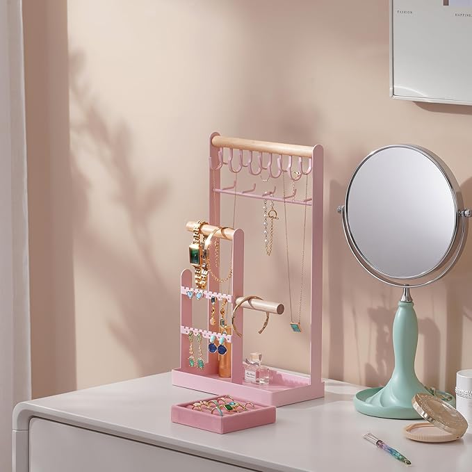 ProCase Jewelry Stand Holder Organizer, 5-Tier Necklace Holder with Ring Tray, 15 Hooks Necklaces Hanging Small Jewelry Display Storage Tower Tree for Bracelets Earrings Watches -Large, Pink
