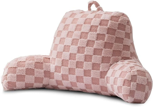 A Nice Night Faux Fur Reading Pillow,Checkered Fluffy Grid Plaid,Bed Wedge Pillow Large Adult Children Backrest with Arms for Bedrest,Pink