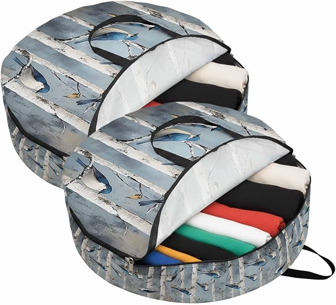 30 Inch Round Storage Bag 2 Pack,Spring Tree Trunk Branch Bird Waterproof Wreath Storage Container with Handles&Zipper Animal Leaves Oil Painting Closet Organizer Bags Garland Box