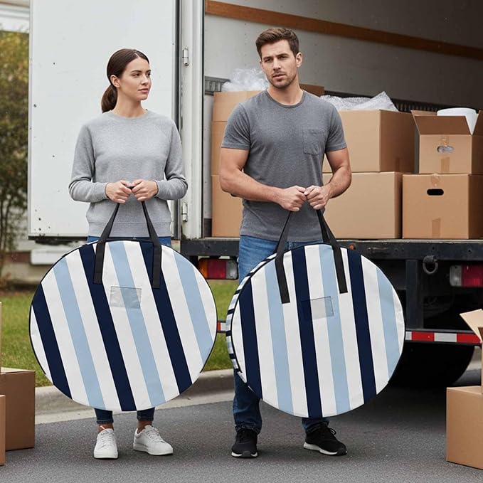 Storage Bag Navy Blue Stripes Round Storage Totes Bins Closet Organizers with Zippers & Handle Contrast Striped Clothes Storage Container for Bedroom Dorm Space Saving Packing Supplies Moving Bags