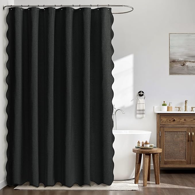 MIULEE 96" Long Scalloped Shower Curtain Linen Textured with 12 Metal Hooks Cute Extra Long Heavy Duty Washable Waterproof Cloth Shower Curtains with Black Border for Bathroom Hotel Bathtub,Black