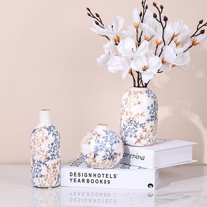 Cute Vase Matte Ceramic vases Set of 3 Blue, Modern Boho Vases for Decor Small vase,Centerpiece Table Decor japandi Home Decor Minimalist vase for Décor Room,Entryway, Bookshelf, Mantel, Shelf Décor