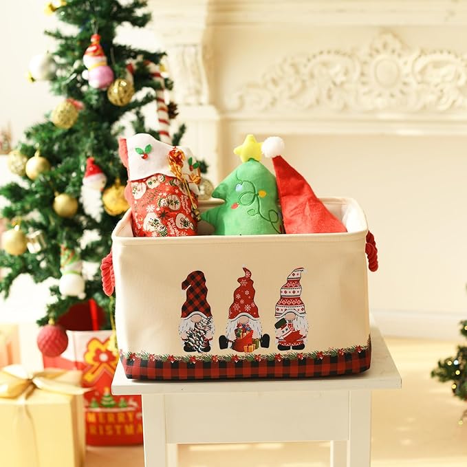 INough Christmas Baskets for Gifts Empty, Christmas Gnomes Basket, Large Gifts Bags for Holiday Ornaments Collapsible Storage Bins with Drawstring for Kidsroom (Medium, Three Gnomes)